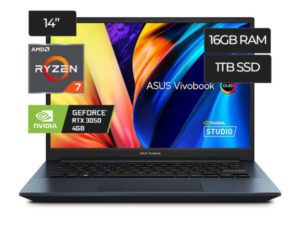 Laptop ASUS VIVOBOOK PRO M6400RC-EB74 Ryzen R7-6800H RAM 16GB DDR5 Disco 1TB SSD Pantalla 14" OLED Video RTX 3050 4GB Windows 11